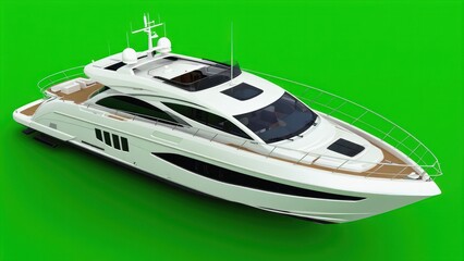 Luxury Yacht on Green Screen: A pristine white luxury yacht, sleek and modern, is showcased against a vibrant green screen, perfect for compositing and design projects.