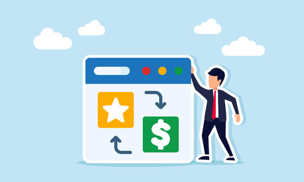 Businessman near an app interface showing exchange between star and dollar symbols illustration of designing a scheme to improve business quality standards