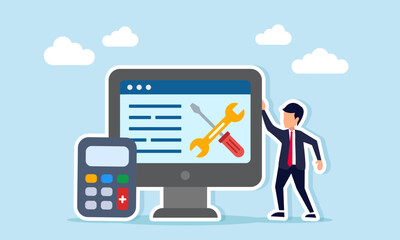 Businessman standing next to a calculator and a monitor displaying a wrench and screwdriver symbolizing business system maintenance risk calculation illustration