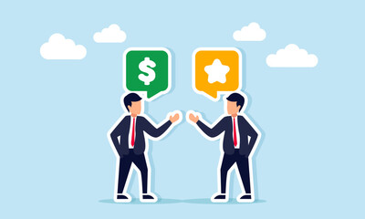 Two businessmen talking with chat bubbles showing a dollar and a star illustration of sharing strategies for improving business quality