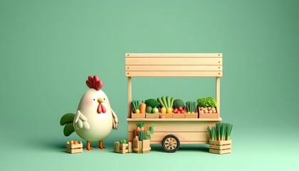 Adorable Cartoon Rooster at a Farmers Market Vegetable Stand