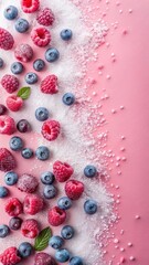 Fresh blueberries and raspberries arrangement on a pale pink background