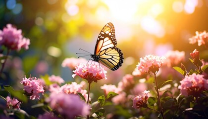 Obraz premium Butterfly on pink flowers in sunlight
