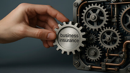 A hand carefully places a gear labeled business insurance into a mechanical gear system for