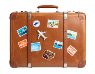 Vintage suitcase adorned with travel stickers