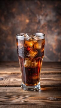 Refreshing glass of cold cola with ice on a wooden table