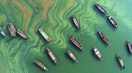 Abstract aerial shot of wooden boats floating on green water with swirling patterns, creating peaceful and artistic coastal scene full of natural beauty and calmness