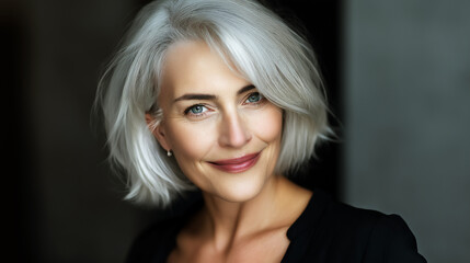 Fototapeta premium Beautiful and elegant mature Caucasian woman with silver hair and smooth healthy skin, skincare concept