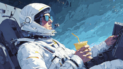 Astronaut in white space suit wearing sunglasses and holding drink with straw inside spacecraft cockpit, looking focused and calm during space travel