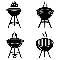 Illustration of four black barbecue grills with flames and smoke in a square arrangement design