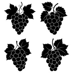 Four bunches of grapes with leaves in black silhouette on a white background illustration design vector