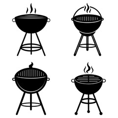 Collection of four black and white barbecue grill illustrations with smoke rising from the grills