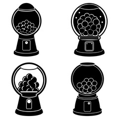 Four gumball machines in black and white showing different styles and angles of the classic candy dispenser