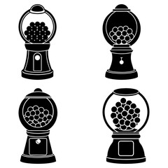 Four black and white gumball machines with round glass globes filled with gumballs on a white background