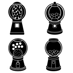 Collection of four black and white gumball machines with varying amounts of gumballs inside each one