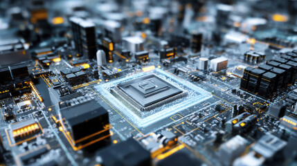 Close up of futuristic microchip on circuit board with glowing connections, showcasing advanced technology and electronic components in high tech environment
