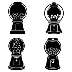 Illustration showing four gumball machines with varying designs and filled with gumballs on a white background