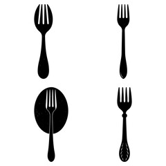 Four black and white fork illustrations with different styles and shapes on a white background image art