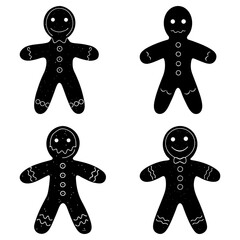 Four gingerbread men with different decorations including buttons and wavy lines on a white background