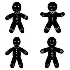 Four gingerbread men with different designs in black and white silhouette style on a white background