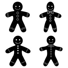 Four gingerbread man cookies in black silhouette with decorative details and smiling faces displayed