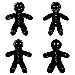 Four black gingerbread men with different decorations and smiles on a white background in a simple illustration
