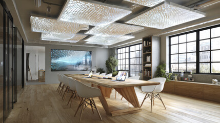 Modern conference room with wooden table and white chairs, large windows letting in natural light, decorative ceiling panels, and digital screen creating bright, inviting workspace
