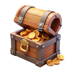 Open treasure chest overflowing with golden coins illustration on isolated white background