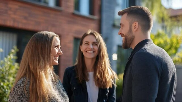 Friendly Convo near Buildings: Three individuals are engaged in a cheerful conversation amidst the charming backdrop of brick and modern architecture, creating a warm and inviting ambiance.