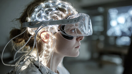 Young woman wearing futuristic neural mapping headset with glowing wires, immersed in virtual reality technology, exploring brain connectivity and digital interface in dimly lit room