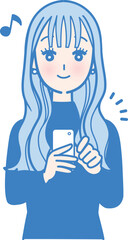 スマホを見ている笑顔の女性のイラスト