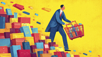 Man in suit carrying shopping basket with many colorful shopping bags and boxes falling behind him on yellow background, showing busy shopping and consumer activity