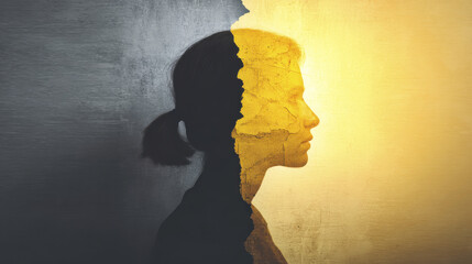 Conceptual image showing woman profile split between dark shadow and bright yellow light, symbolizing contrast between darkness and hope or inner transformation