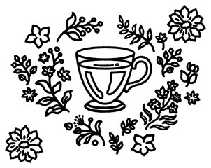草花に囲まれたティーカップの黒い線画