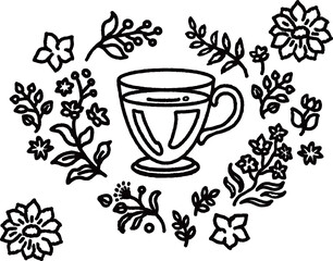 草花に囲まれたティーカップの黒い線画

