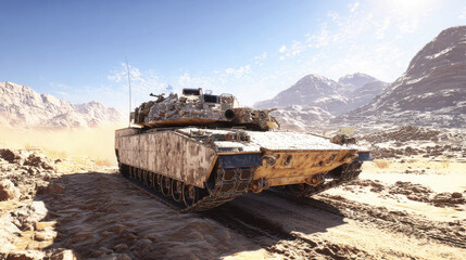 Camouflaged tank in desert environment with rocky terrain and mountains under bright blue sky, showcasing military mobility and rugged armored vehicle design