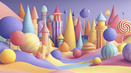 Candycolored gradient fantasy landscape with playful tones and smooth curves, featuring whimsical towers and round shapes in soft pastel colors