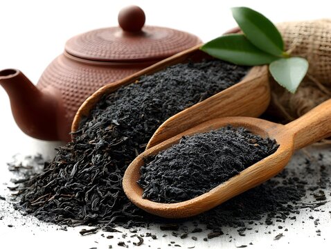 Close up shows black tea leaves overflowing from wooden scoop near brown teapot and green leaf garnish.