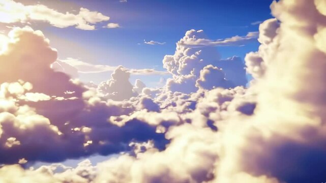 Clouds fill the sky illuminated by sunlight some parts are bright white others are tinged with purple and blue shadows