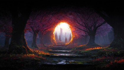 Naklejka premium Enchanted forest path to light