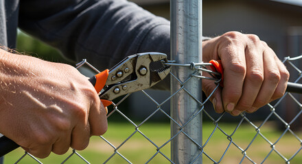 Man Repairing Chain Link Fence
