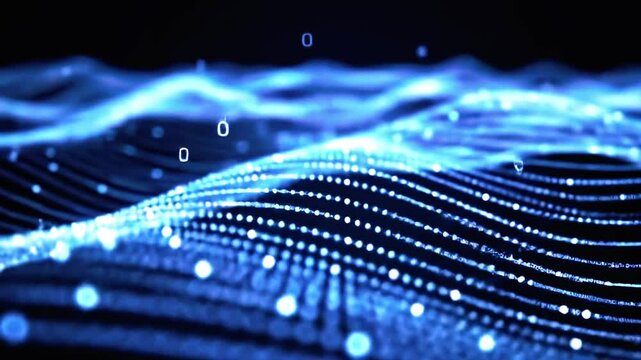 Wavy blue lines and points set against a dark background with floating zeros
