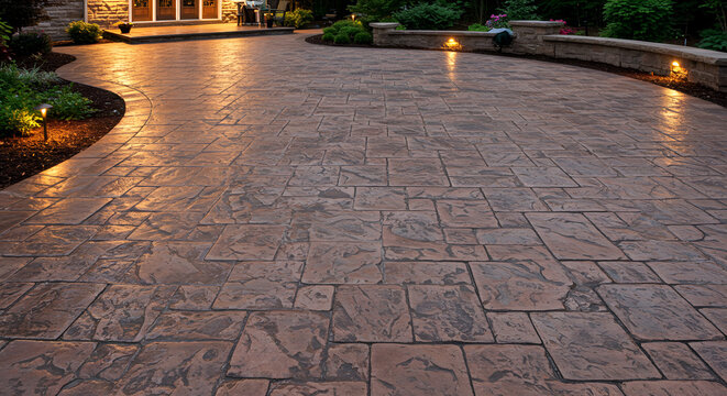 Stamped Concrete Driveway with Landscape Lighting