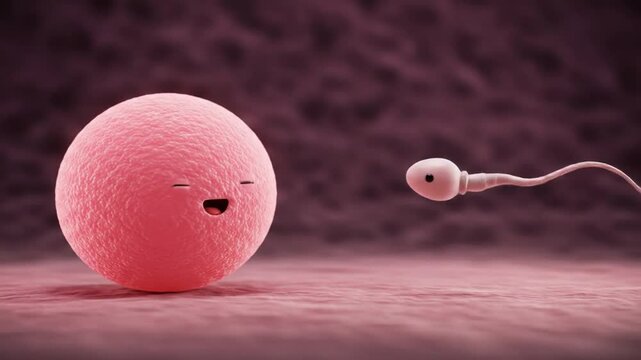 Fertilization: A microscopic journey towards life: Capturing the moment of fertilization, a detailed illustration shows a sperm cell approaching an egg cell.