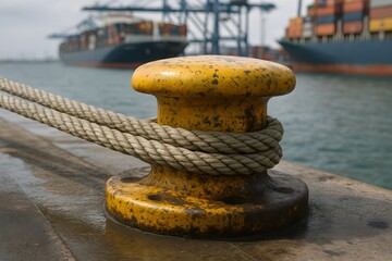 Detailed close-up of a weathered yellow mooring bollard with thick rope at a busy cargo port, with container ships and cranes visible in the background.