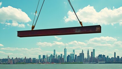 Steel beam suspended over cityscape.