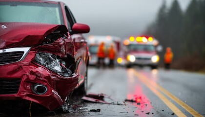 a heavily wrecked red car in rainy weather, parked on roadside after accident, broken front bumper and crushed headlights, emergency team and ambulance in background