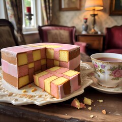 Delicious Battenberg cake with a cup of tea in a cozy setting. Perfect for afternoon tea or special occasions