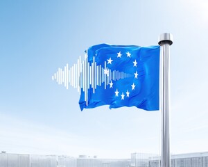 European Union flag with audio wave overlay, cityscape background