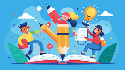 Children learning together with pencils and lightbulb